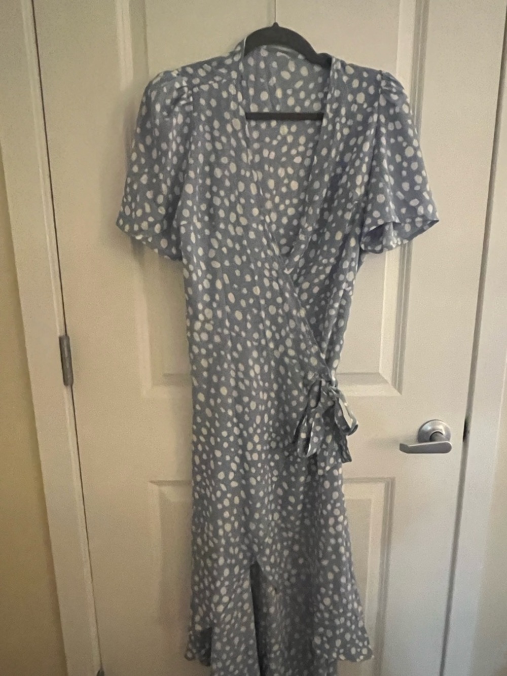 Light Blue Polka Dot Wrap Midi Dress with Tie Waist